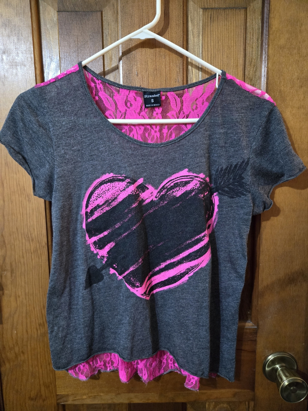 Stranded Gray & Hot Pink Heart Lace-Back Tee